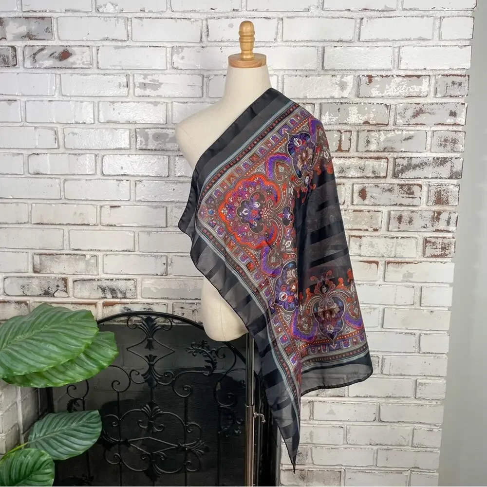 Vintage Black Purple Red Italian Floral Paisley Lightweight Scarf